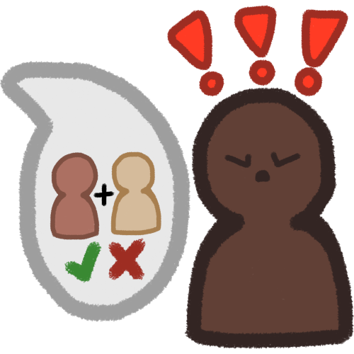 a dark skinned person on the right squeezing their eyes shut, there’s 3 red exclamation marks above their head. to their left is a big speech bubble coming from the left. within the bubble is two people with a plus sign between them. there’s a green check and a red X under them 